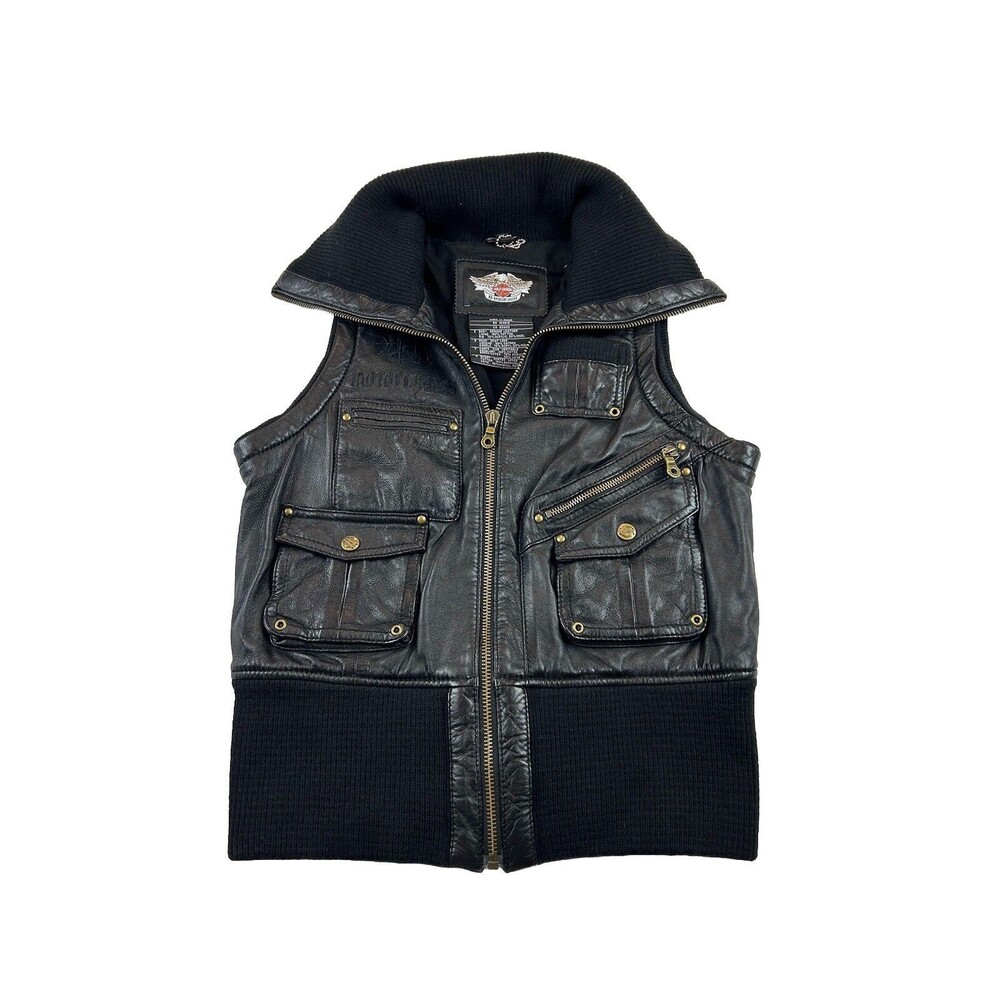 Vintage Harley Davidson Leather Bomber Vest Womens M Full Zip Lined Wool Rib